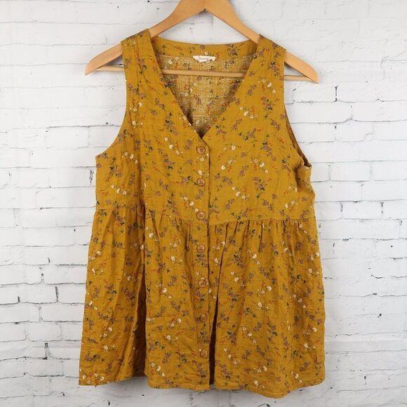 COTTON BLEU GOLD FLORAL SLEEVELESS V NECK BUTTON DOWN SMOCK TOP SIZE SMALL - Picture 1 of 6